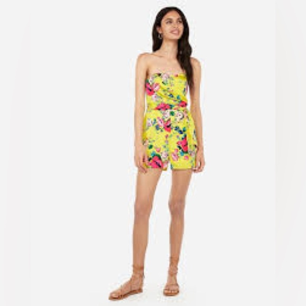 Express Floral Print Strapless Romper Yellow Pink Multi Size 2